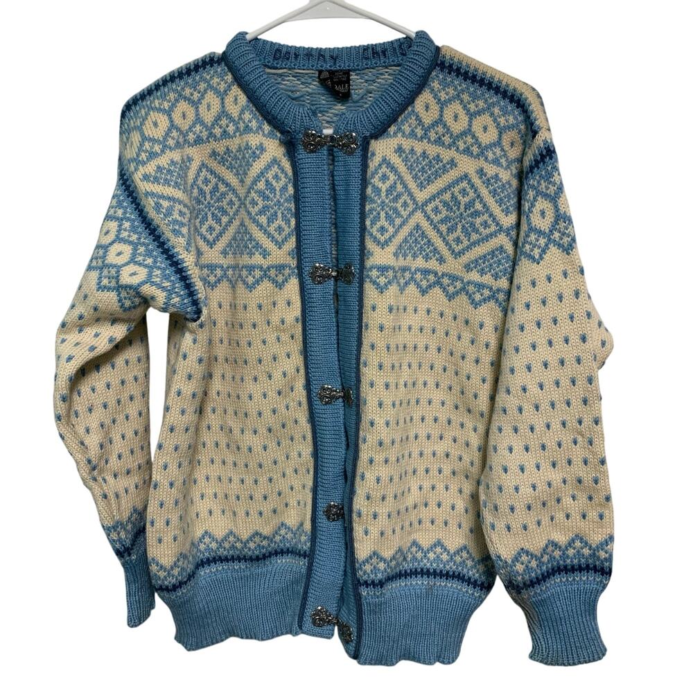 DALE of Norway Vintage Fair Isle Pure Wool Nordic Blue Cream Cardigan Sweater S